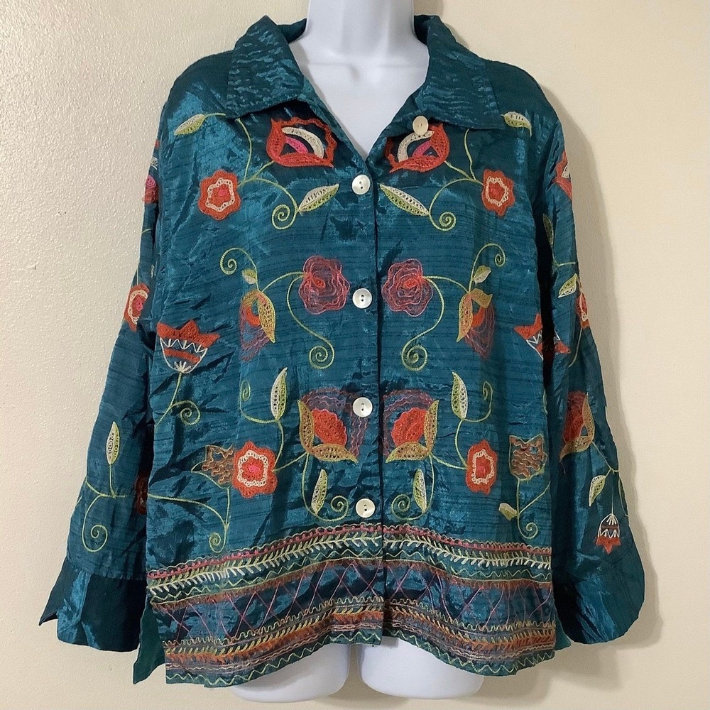 Lagenlook Oversized Embroidered Teal Artsy Boho Hippie Button‎ Up Shacket XL